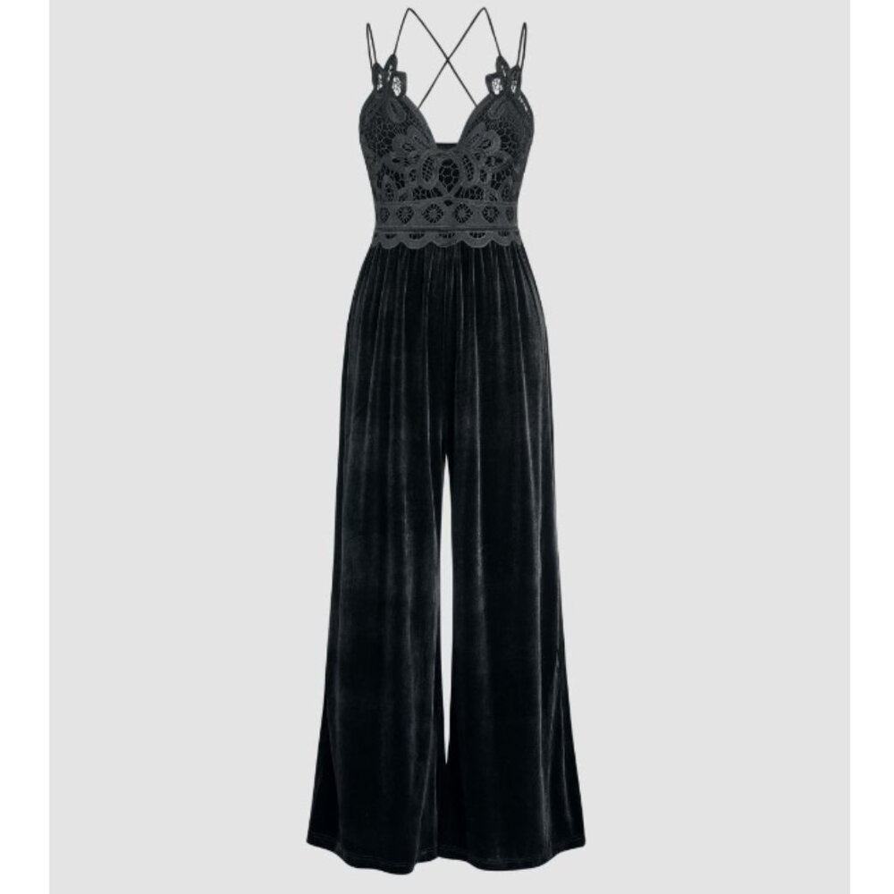 Cider NEW size XL black velvet jumpsuit with sexy v-neck lace bodice